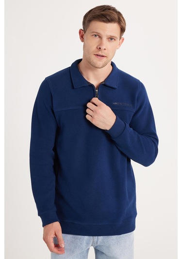 Erkek Standart Fit Pamuklu Selanik Kumaş Yarım Fermuarlı Polo Yaka Baskılı İndigo Sweatshirt-35751 İndigo