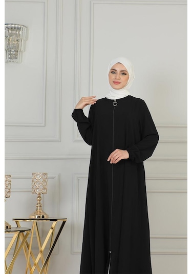Boydan Fermuarlı Medine İpeği Ferace Brc2305 Siyah 001