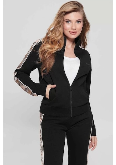 Guess Kadın Regular Fit Fermuarlı Dik Yaka Sweat Siyah