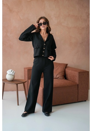 Kadın V Yaka Düğme Detay Ceket Pantolon İkili Triko Takım Siyah