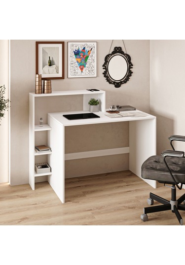 Amber Çalışma Masası Raflı, Modern Bilgisayar Masası Beyaz