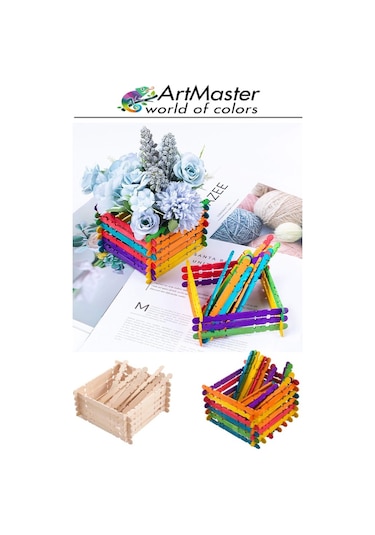 Renkli Dil Çubuğu Geçmeli Dar 50 Li 1 Paket Ahşap Çubuk Çentikli Eklemeli Renkli Tırtıklı Dondurma Çubuğu