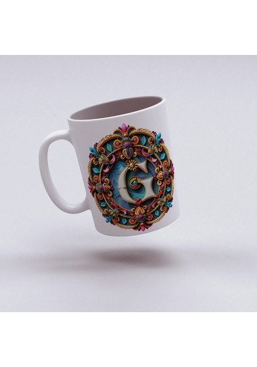 G Harfi Boho Bardak, Renkli Özel Tasarım Hediyelik Harfli Kupa, 330ml Porselen Beyaz