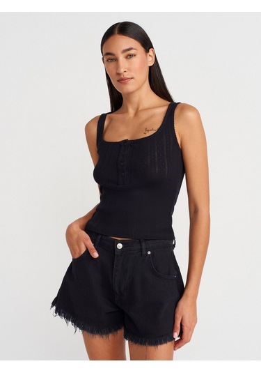 Dilvin 21069 Düğmeli Kare Yaka Top-siyah Siyah