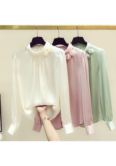 Zarif Ofis Kadın Çiçek Dekorasyon Saten Bluz Şifon Gömlek Kadın Üstleri Sonbahar Standı Yaka Uzun Kollu Elbise 23174 Siyah