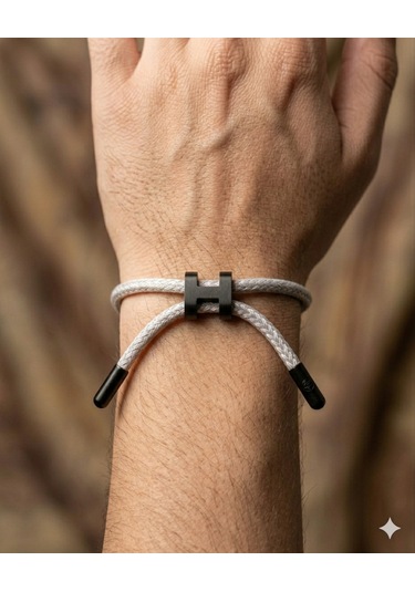 Unisex H Model Siyah Renk Çelik Detay Beyaz İp Bileklik