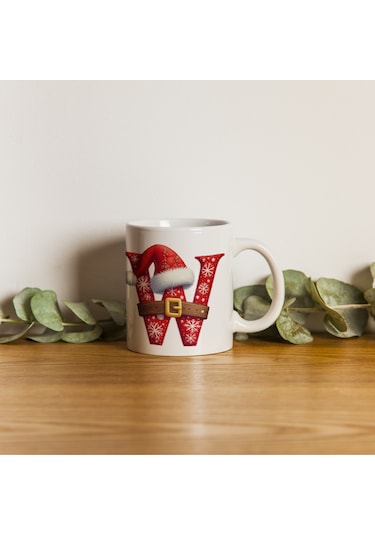 W Harfi Yılbaşı Temalı Bardak 330 Ml Harfli Kişiye Özel Hediye - Yeniyıl / Noel Şapka Tasarım Beyaz