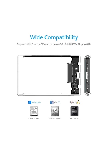 Kuvars 2.5 İnç Sata Usb 3.0 Harddisk Kutusu - Şeffaf - Micro Usb