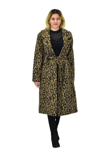 Kadın Leopar Desenli Uzun Kaşe Kaban Bgl-st04064 Haki