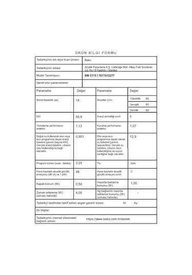 Beko BM 5115 I 5 Programlı 14 Kişilik Bulaşık Makinesi