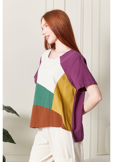 Keten Gökkuşağı Asimetrik Kesim Bluz Renkli Ve Şık Tasarım Mürdüm