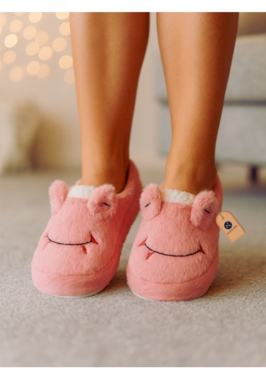 Kadın Pembe Peluş Panduf Ev Terliği Kışlık Sıcak Tutucu, Kaymaz Taban, Sevimli Tasarım Pembe