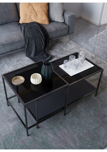 Dekoport Perla Orta Sehpa - Füme Cam Siyah Mdf Siyahhh