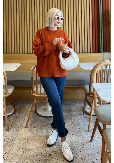 Kiremit Bisiklet Yaka Oversize Triko Kazak Mg1972 Kiremit