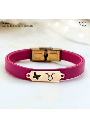 Archin Mayıs Ayı Doğumlarına 14 Ayar Altın Plakalı Pembe Derili Kelebek Figürlü Hediye Bileklik-651ay Mayıs