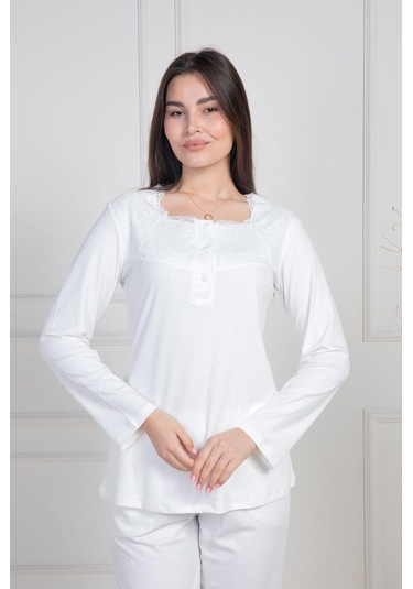 Mecit 6104 Bayan Ekru Büyük Beden Uzun Kollu Pijama Takımı Ekru
