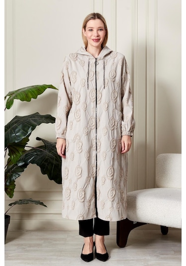 Kadın Büyük Beden Kapüşonlu Jakar Kap Siyah