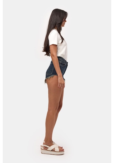 Itsbasic Kadın Koyu Kot 2s6 Mini Boy Paça Püsküllü Denim Şort