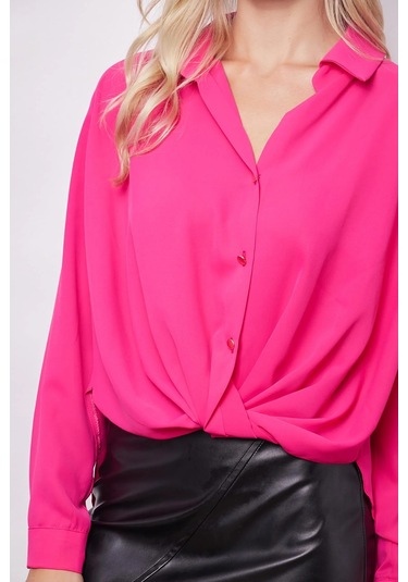 Yakalı Önü Pileli Uzun Kol Likrasız Şık Kumaş Gömlek-Fujya Fujya