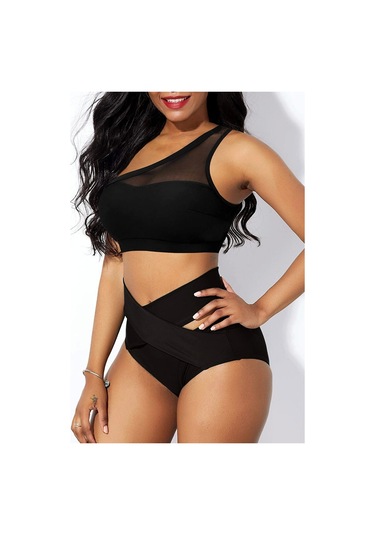 Kadın Siyah Yüksel Bel Tül Detaylı Sütyen Külot Takımı Siyah
