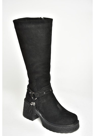 Fox Shoes T996224002 Siyah Süet Kalın Topuklu Kadın Çizme Siyah-süet