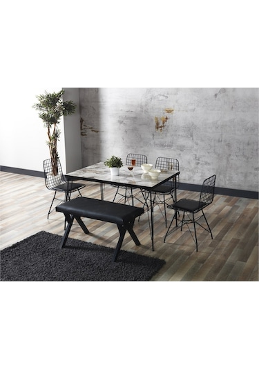 Avvio Home Bendir Görünümlü Metal Ayaklı Mutfak Masası Ve Bench Takımı Beyaz