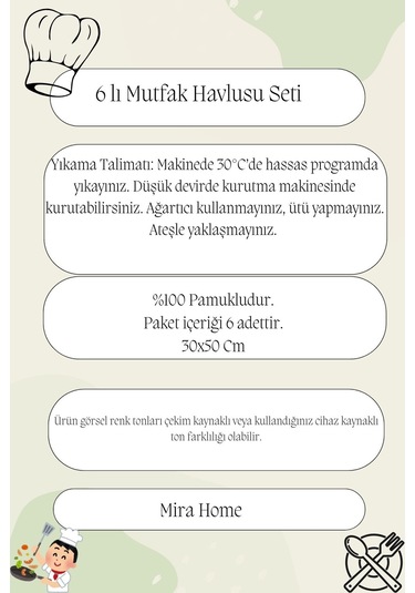 6'lı Mutfak Havlusu Seti 30x50 Cm %100 Pamuklu Reyhan Çok Renkli