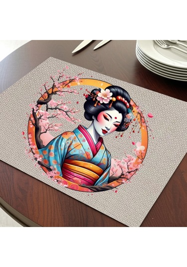 Çin Çiçekli Kadın Tasarımlı Amerikan Servis, Tabak Altlığı & Şık Masa Dekoru, Ev Hediyesi, 2 Adet Krem