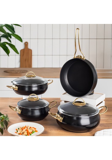 Lines L-5094 Yonca Güveç 7 Parça Tencere Seti - Siyah Altın Kulp