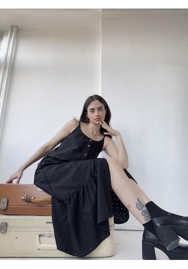 Retrobird Adel Askılı Brode Elbise Kadın Siyah-13847 Siyah