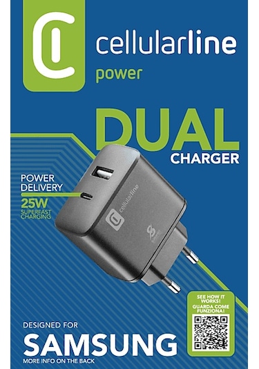 Cellularline Samsung Uyumlu 25W Dual Port Super Fast Şarj Adaptörü