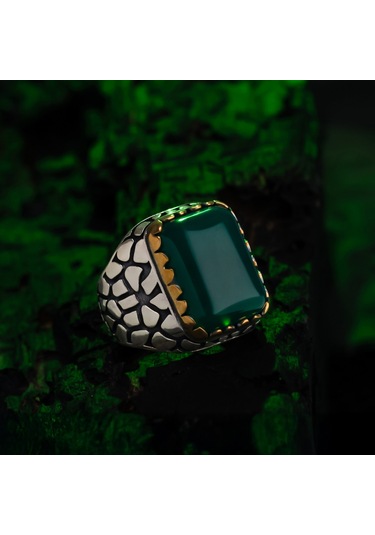 925 Ayar Kare Yeşil Akik Taşlı Tuğla Kasa Gümüş Erkek Yüzük Gümüş