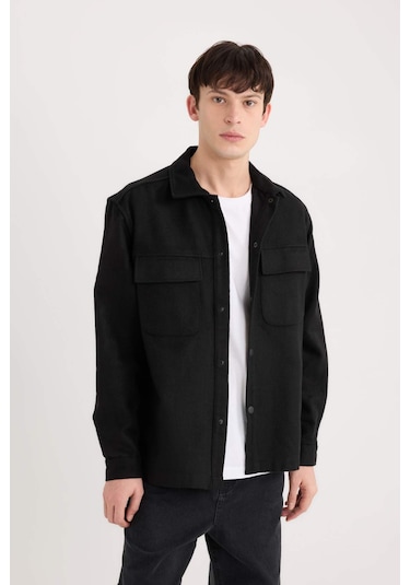 DeFacto Relax Fit Oduncu Basic Düz Uzun Kollu Gömlek Ceket A6876AX24AUBK81 Siyah