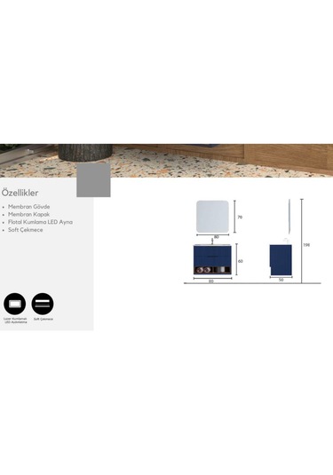 Evros Lidya 80 Cm Banyo Dolabı Lacivert