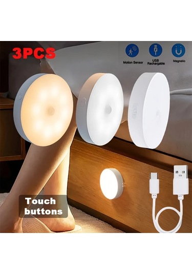 Honeybeeshop Beyaz 3 Paket 3 Adet Hareket Sensorlu 8 Led Usb Yuvarlak Isiklar Iki Renk Secenegi Tuvalet Depolama Dolap Merdiven Koridor Ofis Alanlari Icin Beyaz