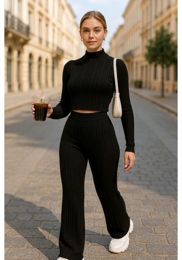 Modaserdem Kadın Uzun Kollu Balıkçı Yaka Krop Ve Pantolon Şardonlu Kaşkorse Ikili Takım Siyah