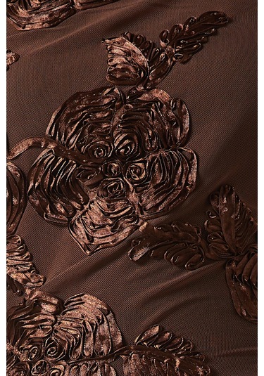 Rotate Birger Christensen Çiçek Aplikeli Fitted Mesh Kadın Üst, Şık Ve Romantik Bluz Kahverengi