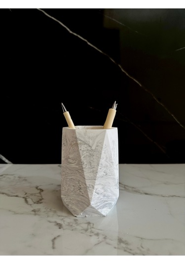 Beton Vazo El Yapımı Kalem Kutusu Dekoratif Diş Fırçalık Ev Aksesuarı Beyaz