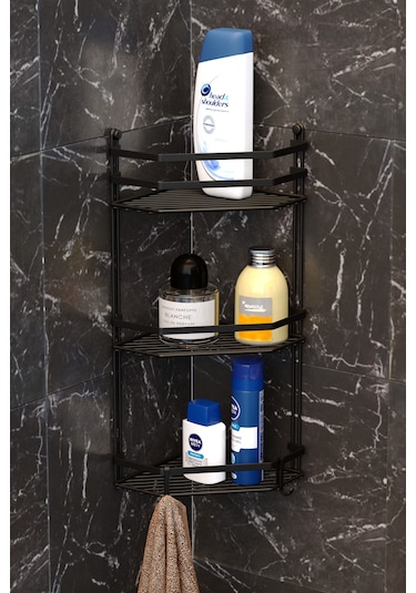 Teknotel Üç Katlı Kancalı Banyo Köşe Rafı Mat Siyah Es076H Siyah