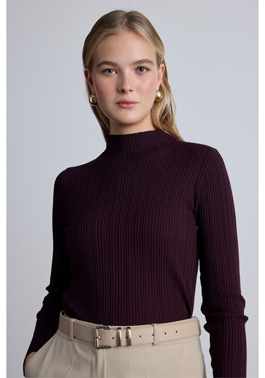 Yüksek Yaka Triko Bluz Vişne Vişne