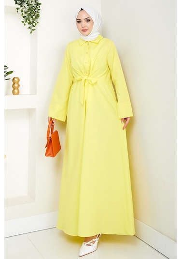 Renda Belden Bağlamalı Elbise 1467 - Sarı Sarı