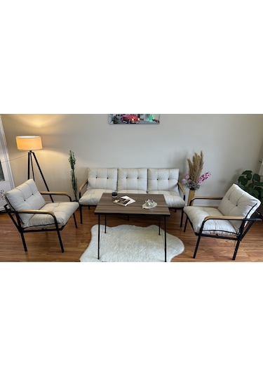 Modern Style Home Modern Kadıköy Balkon, Bahçe, Cafe - Metal Kanepe Koltuk Takımı - 3+1+1+masa Krem Modernk027 Krem