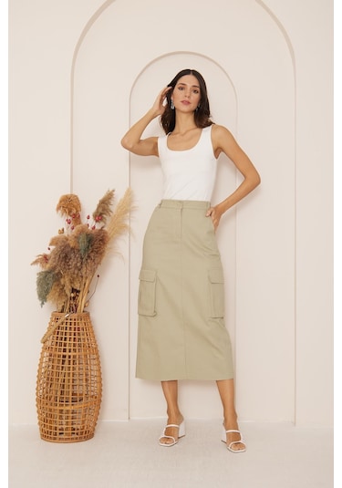 Darlin Moda Haki Gabardin Midi Boy Etek Dm2032 Haki
