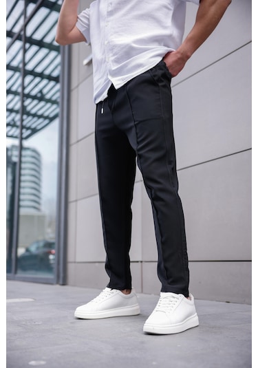 Erkek Siyah Renk Esnek Likralı Fermuar Detaylı Jogger Pantolon-1746 Siyah