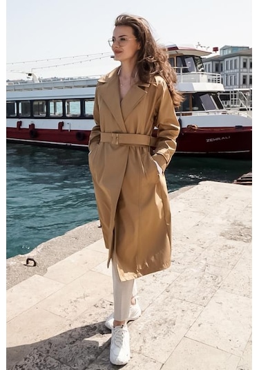 Düğmeli Kemerli Uzun Klasik Trençkot 2115 Camel