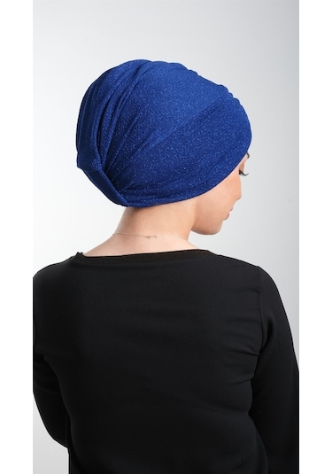 Saks Mavisi Pratik Hazır Geçmeli Tesettür Bone Fukuro Simli Büzgü Çok Renkli