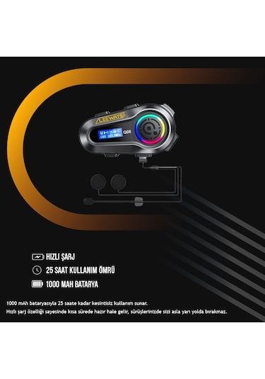 Leeways Q08 5.3 Uyumlu Motosiklet Kask Kulaklık Intercom Işıklı Motorsiklet Interkom