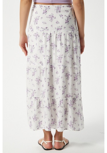 Kadın Rebekka Çiçekli Lila Astarlı Uzun Etek 17639 Beyazlila Beyaz - Lila