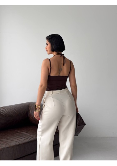 Pantofashion Dantel Detaylı Askılı Body Çıt Çıtlı Acı Kahverengi