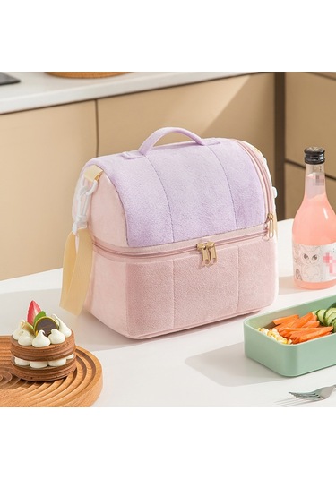 Flanel Tost Çantası Çift Katmanlı İzolasyon Öğle Yemeği Saklama Çantası Omuz Çantası Mor Mor